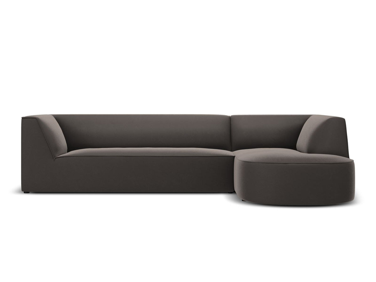 Modulares Ecksofa rechts Siena in Beige-Salvador Samtstoff mit schwarzen Kunststoffbeinen, Récamiere und Massivholzrahmen, 4-Sitzer, 180 cm.