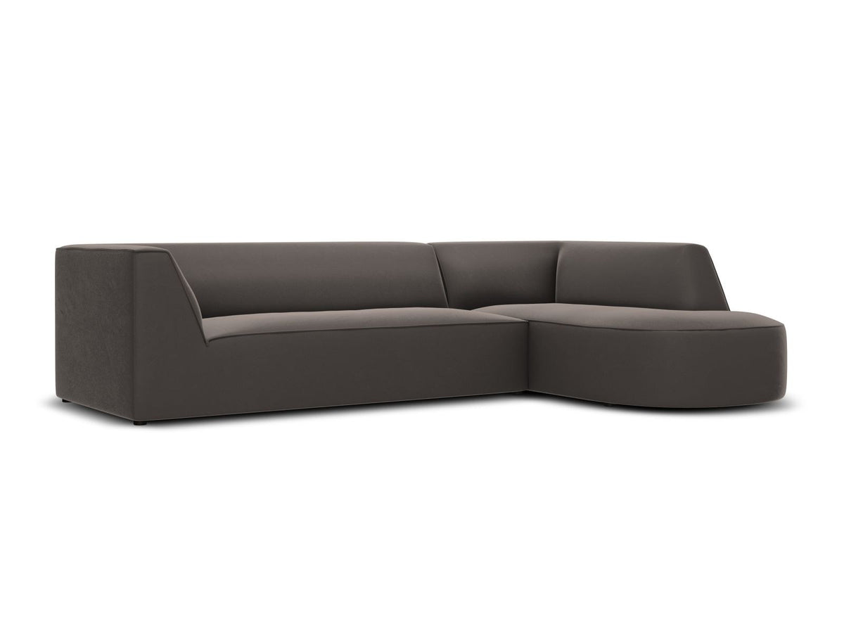 Modulares Ecksofa rechts Siena in Beige-Salvador Samtstoff mit schwarzen Kunststoffbeinen, Récamiere und Massivholzrahmen, 4-Sitzer, 180 cm.