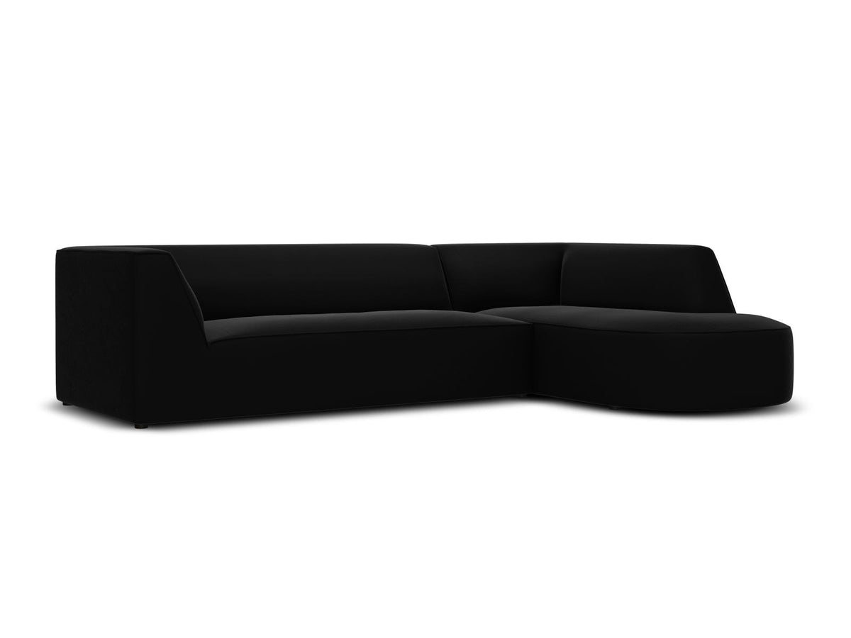 Modulares Ecksofa rechts Siena in Beige-Salvador Samtstoff mit schwarzen Kunststoffbeinen, Récamiere und Massivholzrahmen, 4-Sitzer, 180 cm.