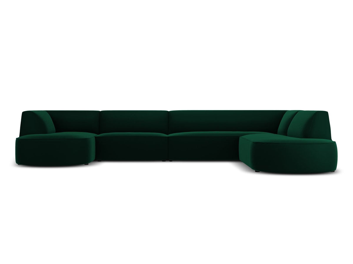 Panorama-Ecksofa rechts Siena mit Samtbezug in Bottle Green, Holzrahmen und schwarzen Kunststoffbeinen, 7 Sitzplätze, 273cm Tiefe.