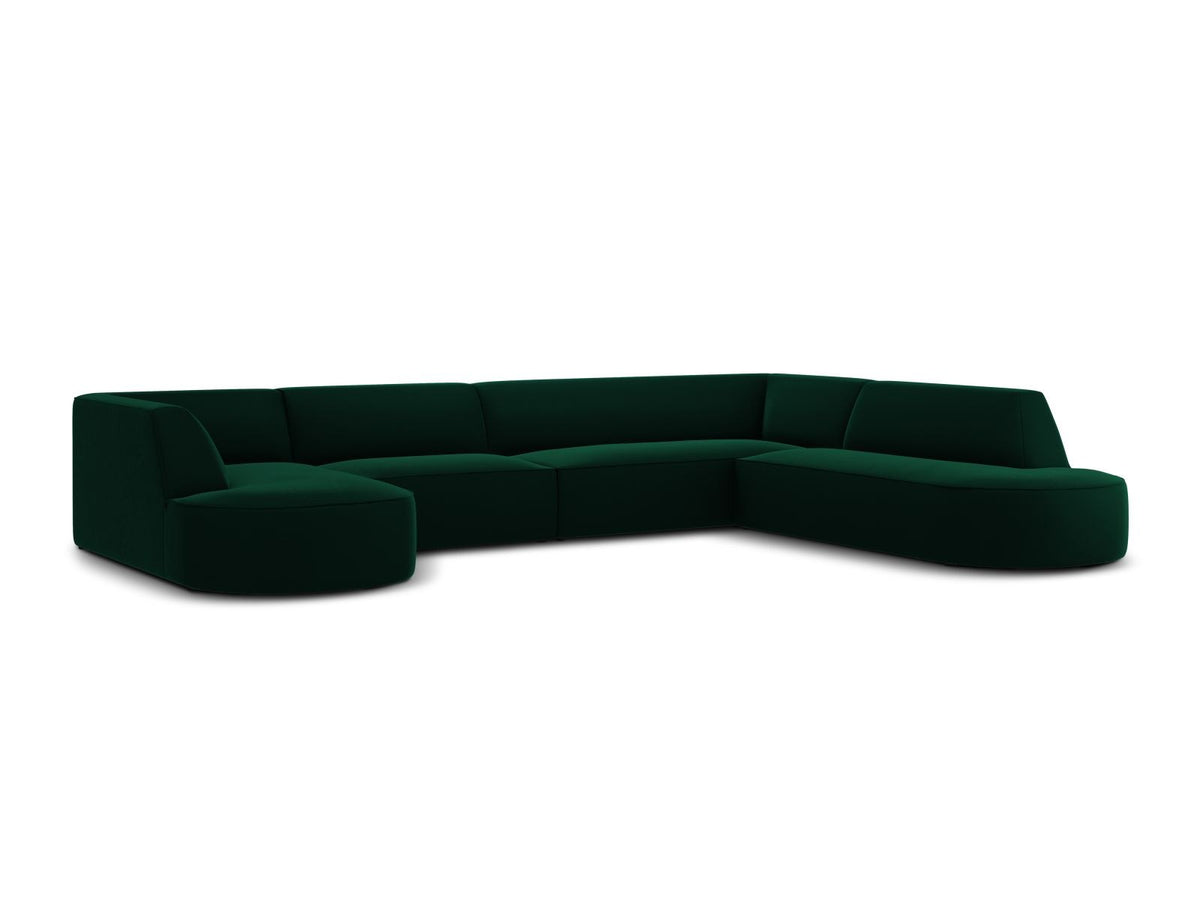 Panorama-Ecksofa rechts Siena mit Samtbezug in Bottle Green, Holzrahmen und schwarzen Kunststoffbeinen, 7 Sitzplätze, 273cm Tiefe.