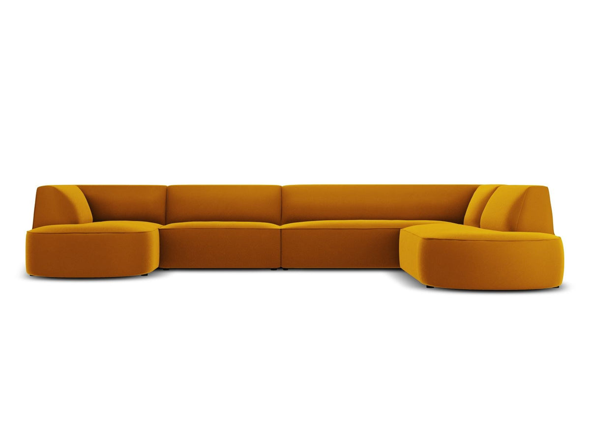 Panorama-Ecksofa rechts Siena mit Samtbezug in Bottle Green, Holzrahmen und schwarzen Kunststoffbeinen, 7 Sitzplätze, 273cm Tiefe.