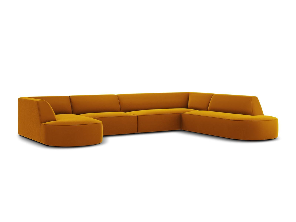 Panorama-Ecksofa rechts Siena mit Samtbezug in Bottle Green, Holzrahmen und schwarzen Kunststoffbeinen, 7 Sitzplätze, 273cm Tiefe.