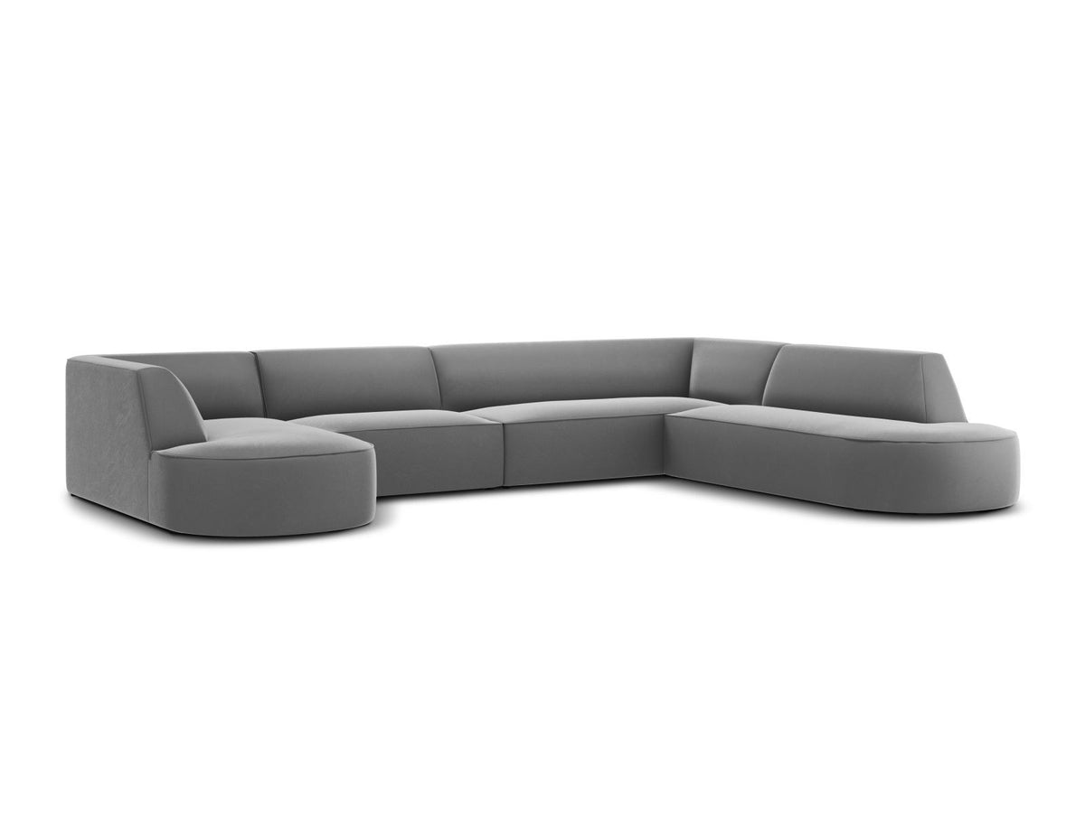 Panorama-Ecksofa rechts Siena mit Samtbezug in Bottle Green, Holzrahmen und schwarzen Kunststoffbeinen, 7 Sitzplätze, 273cm Tiefe.