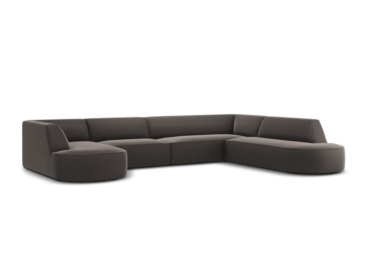 Panorama-Ecksofa rechts Siena mit Samtbezug in Bottle Green, Holzrahmen und schwarzen Kunststoffbeinen, 7 Sitzplätze, 273cm Tiefe.