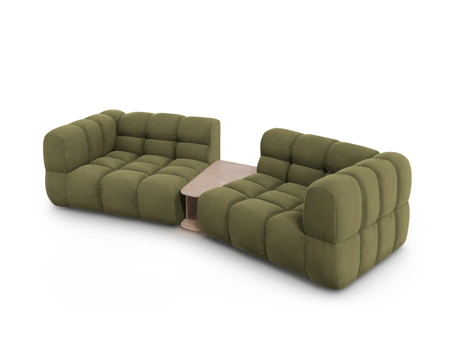 Modulares 2-Sitzer Sofa aus Sky Velour in zartem Hellgrün, perfekt für stilvolle Wohnzimmer, entworfen von Cosmopolitan Design.