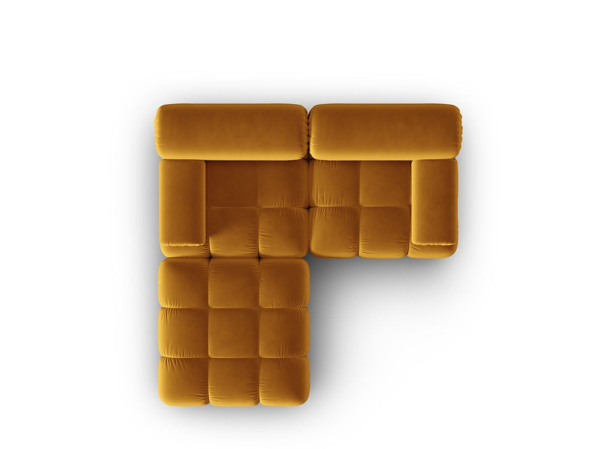 Modulares 3-Sitzer Sofa mit Samtbezug, Massivholzrahmen und schwarzen Kunststoffbeinen, Récamiere-Element, Grösse 188x188x70cm.