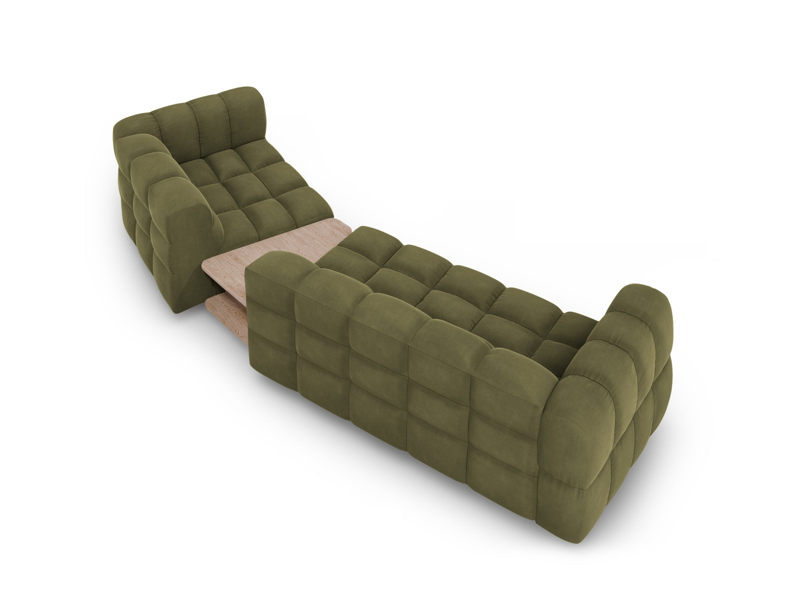 Elegantes modulares Sofa in sanftem Hellgrün, 3-Sitzer mit rechtsseitiger Armlehne, ideal für stilvolle Wohnräume von Cosmopolitan Design.