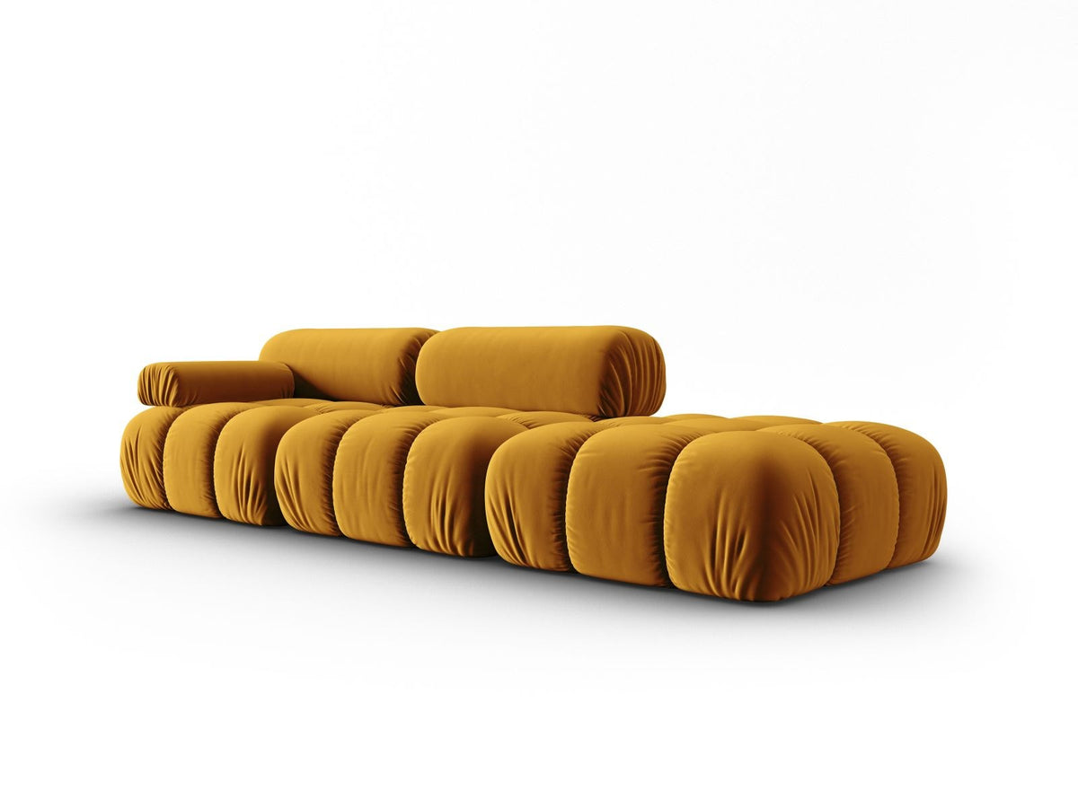 Cortina Samt-Modulsofa 4-Sitzer in Pink mit Massivholzrahmen und schwarzen Kunststoffbeinen, modular aufgebaut, rechte Ausführung.