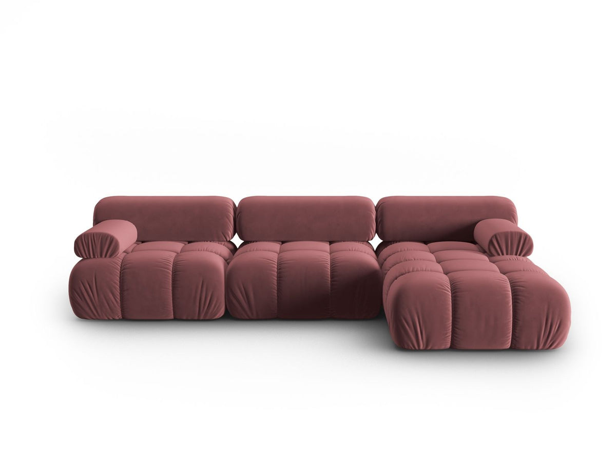 Cortina Samt-Modul-Ecksofa rechts in Pink-Bluvel, moderne Sitzlandschaft mit Récamiere und schwarzen Kunststoffbeinen.