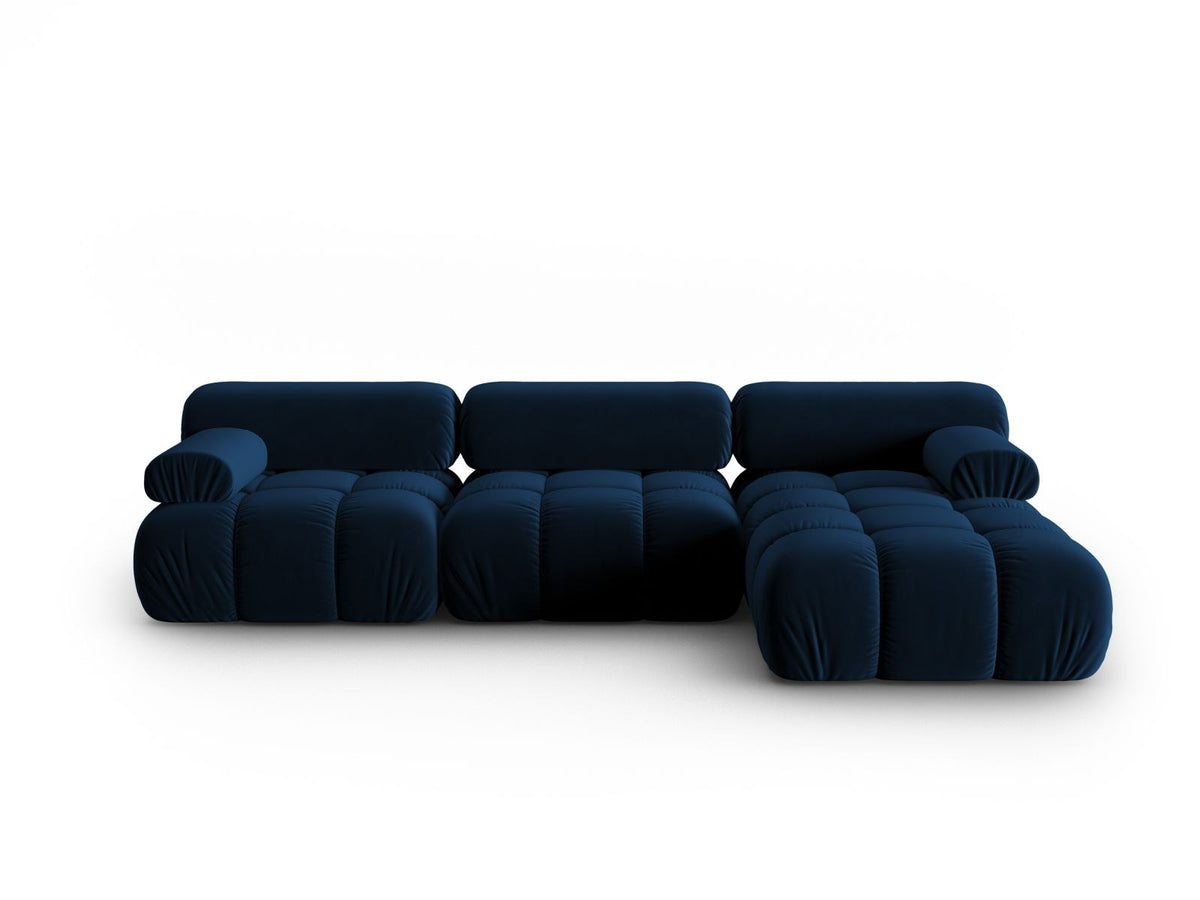 Cortina Samt-Modul-Ecksofa rechts in Pink-Bluvel, moderne Sitzlandschaft mit Récamiere und schwarzen Kunststoffbeinen.