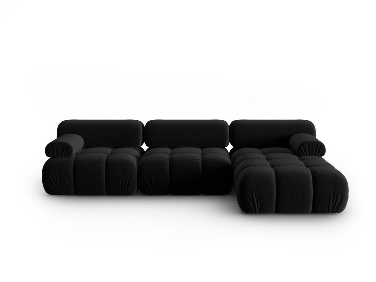 Cortina Samt-Modul-Ecksofa rechts in Pink-Bluvel, moderne Sitzlandschaft mit Récamiere und schwarzen Kunststoffbeinen.
