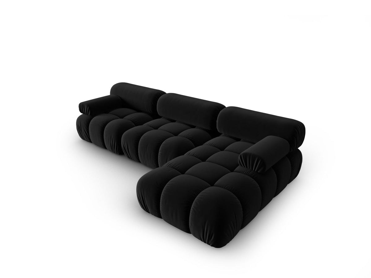 Cortina Samt-Modul-Ecksofa rechts in Pink-Bluvel, moderne Sitzlandschaft mit Récamiere und schwarzen Kunststoffbeinen.