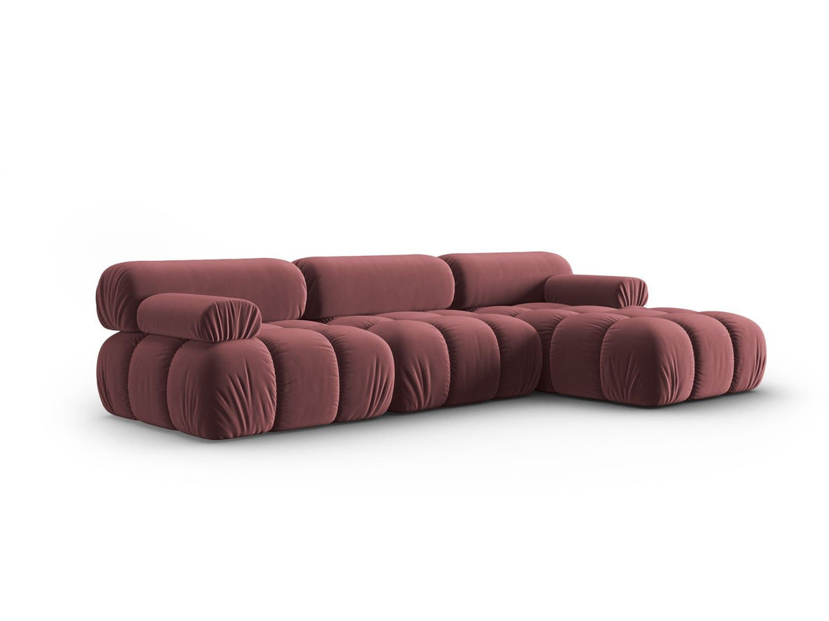 Cortina Samt-Modul-Ecksofa rechts in Pink-Bluvel, moderne Sitzlandschaft mit Récamiere und schwarzen Kunststoffbeinen.