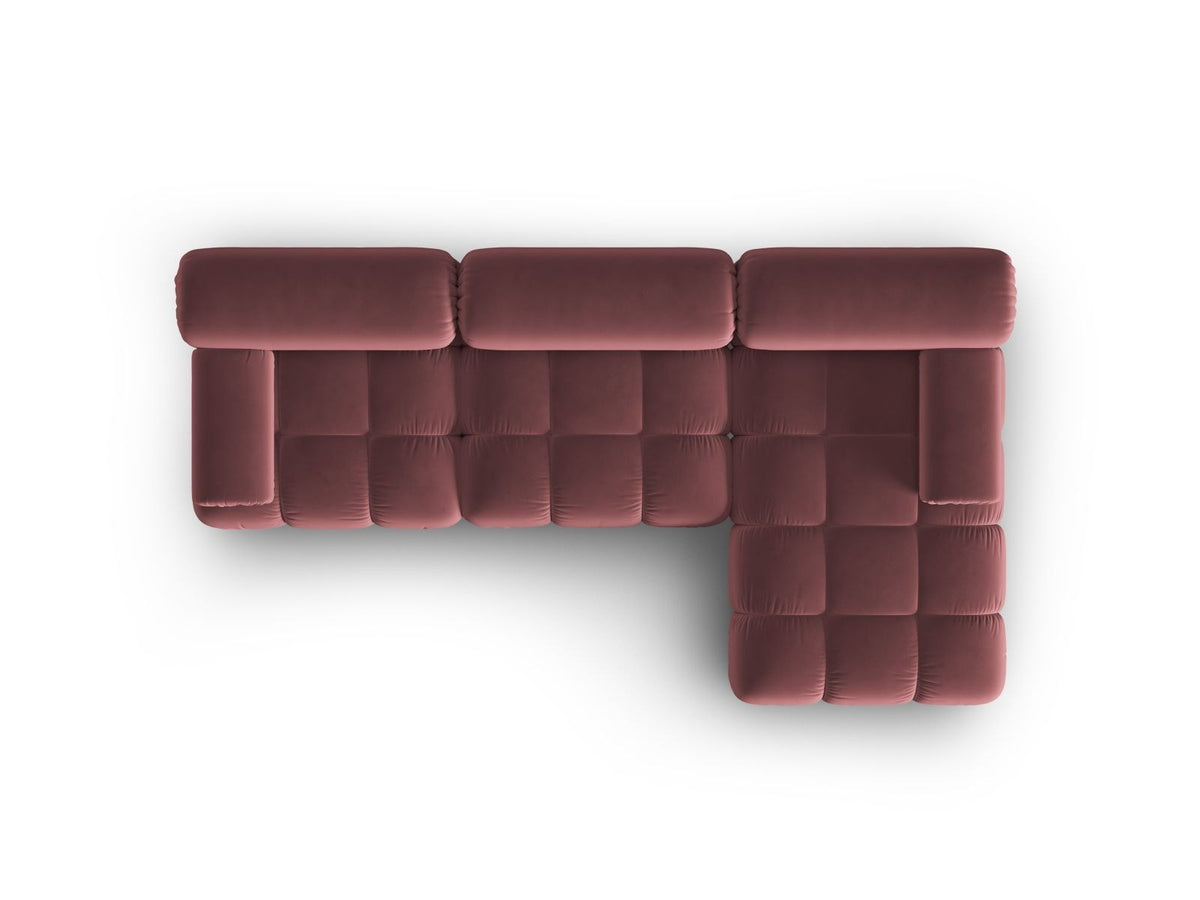 Cortina Samt-Modul-Ecksofa rechts in Pink-Bluvel, moderne Sitzlandschaft mit Récamiere und schwarzen Kunststoffbeinen.