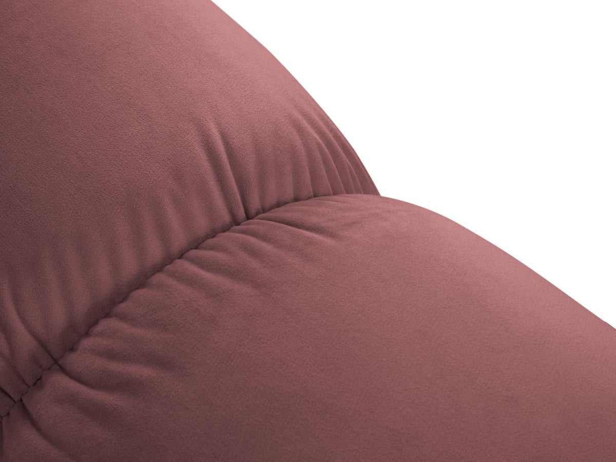 Cortina Samt-Modul-Ecksofa rechts in Pink-Bluvel, moderne Sitzlandschaft mit Récamiere und schwarzen Kunststoffbeinen.