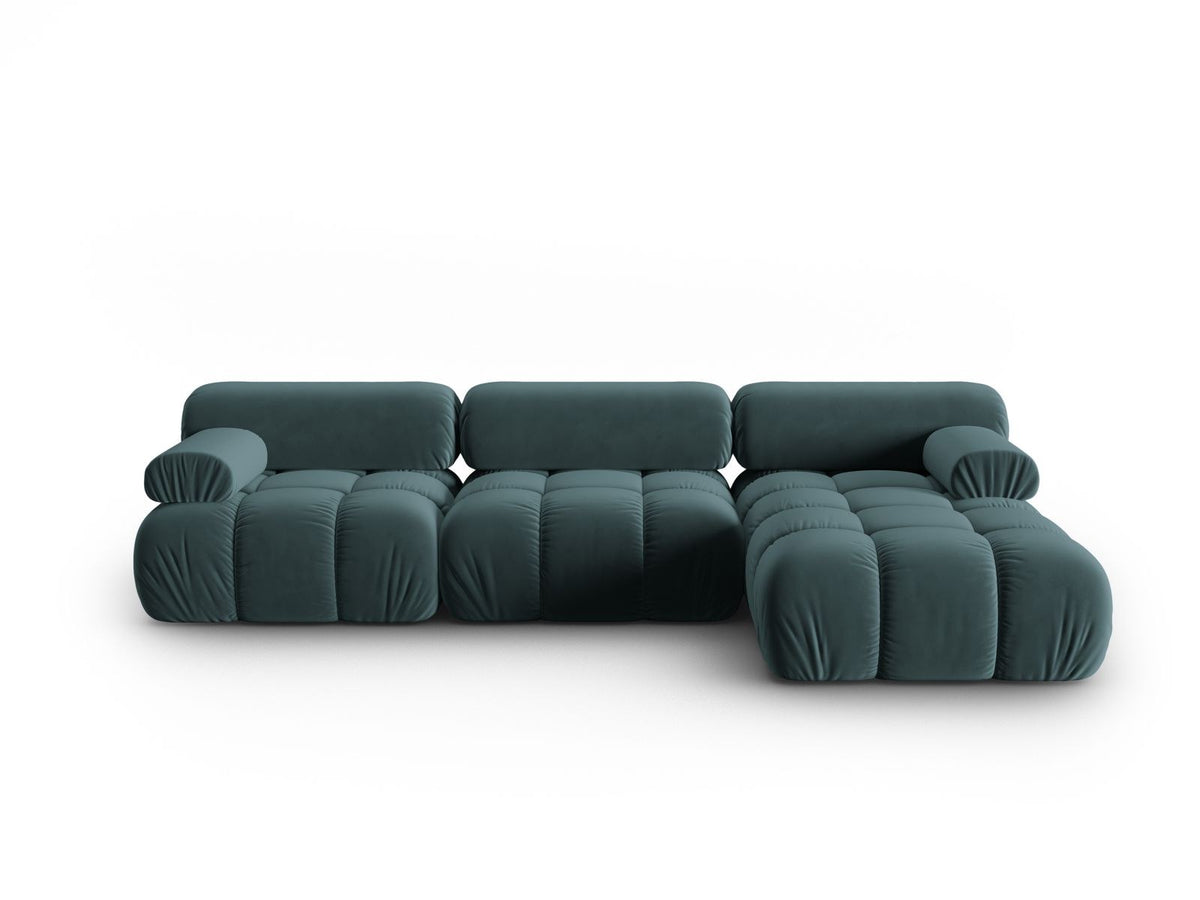 Cortina Samt-Modul-Ecksofa rechts in Pink-Bluvel, moderne Sitzlandschaft mit Récamiere und schwarzen Kunststoffbeinen.