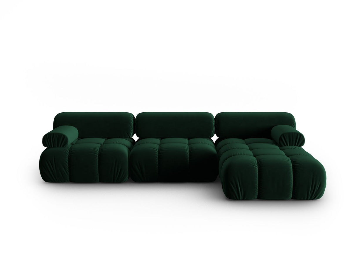Cortina Samt-Modul-Ecksofa rechts in Pink-Bluvel, moderne Sitzlandschaft mit Récamiere und schwarzen Kunststoffbeinen.