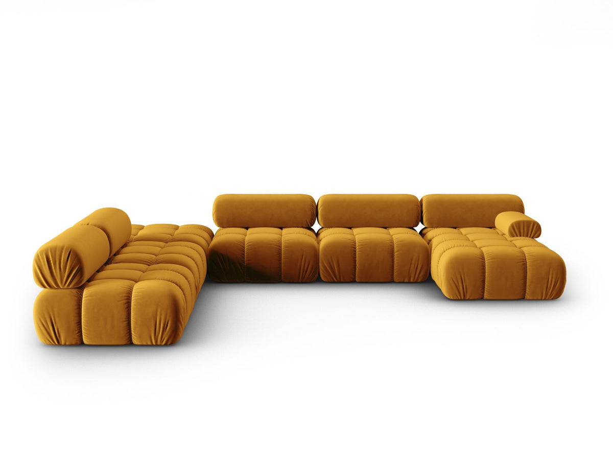 Cortina Modul-Ecksofa links von Cosmopolitan Design in Pink-Bluvel-Samt, 7-Sitzer, Panorama-Form mit Récamiere, schwarze Kunststoffbeine.