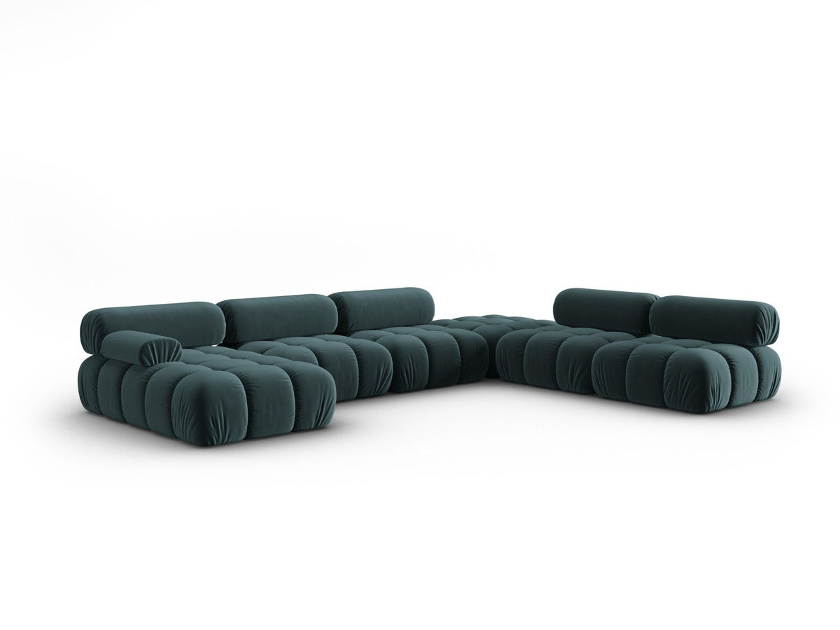 Modulares Ecksofa rechts Cortina in Pink-Bluvel Samtstoff mit Massivholzrahmen und schwarzen Kunststoffbeinen, 7-Sitzer Panorama-Design.