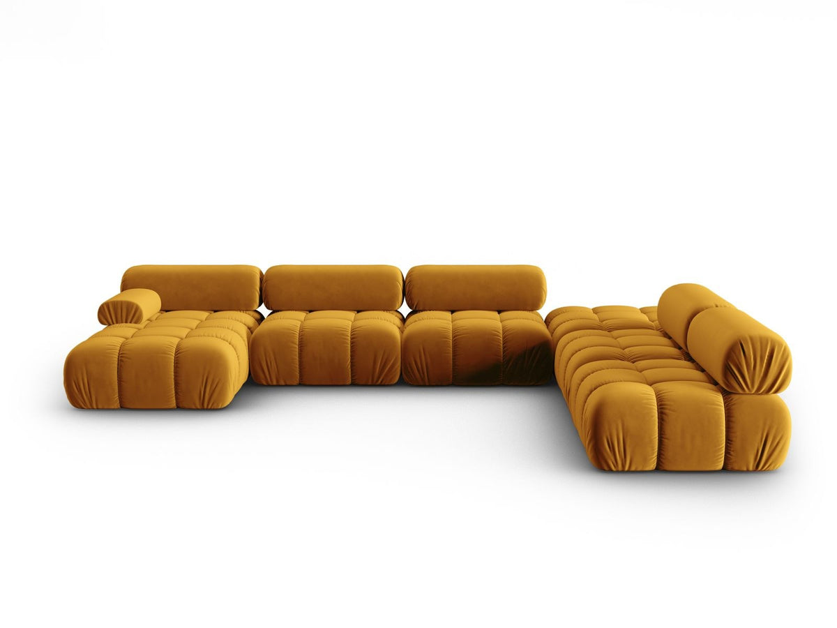 Modulares Ecksofa rechts Cortina in Pink-Bluvel Samtstoff mit Massivholzrahmen und schwarzen Kunststoffbeinen, 7-Sitzer Panorama-Design.