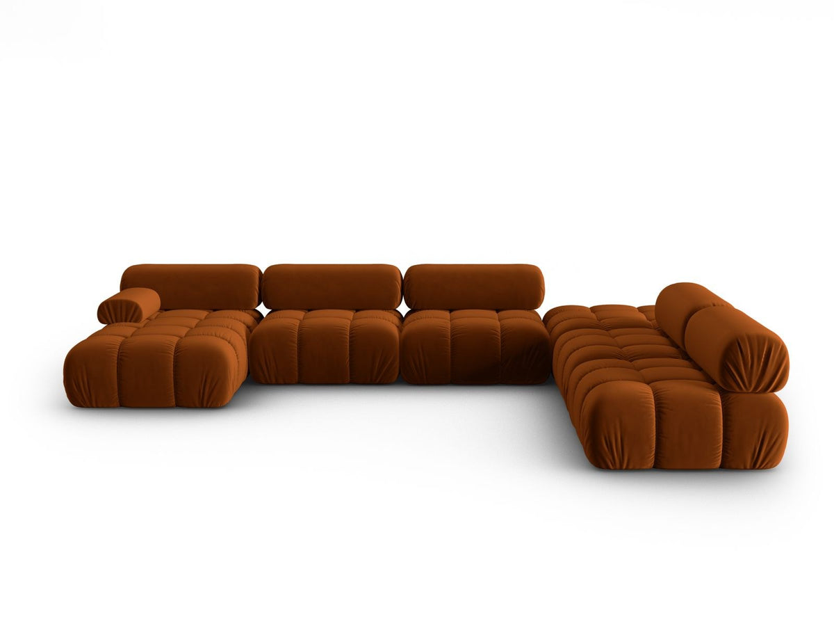 Modulares Ecksofa rechts Cortina in Pink-Bluvel Samtstoff mit Massivholzrahmen und schwarzen Kunststoffbeinen, 7-Sitzer Panorama-Design.
