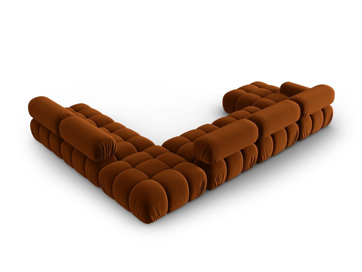 Modulares Ecksofa rechts Cortina in Pink-Bluvel Samtstoff mit Massivholzrahmen und schwarzen Kunststoffbeinen, 7-Sitzer Panorama-Design.