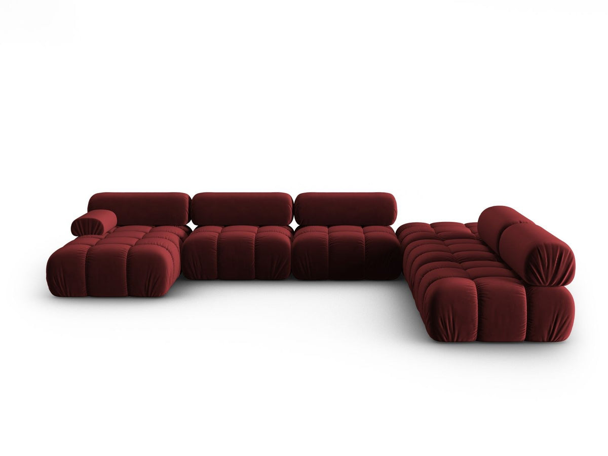 Modulares Ecksofa rechts Cortina in Pink-Bluvel Samtstoff mit Massivholzrahmen und schwarzen Kunststoffbeinen, 7-Sitzer Panorama-Design.