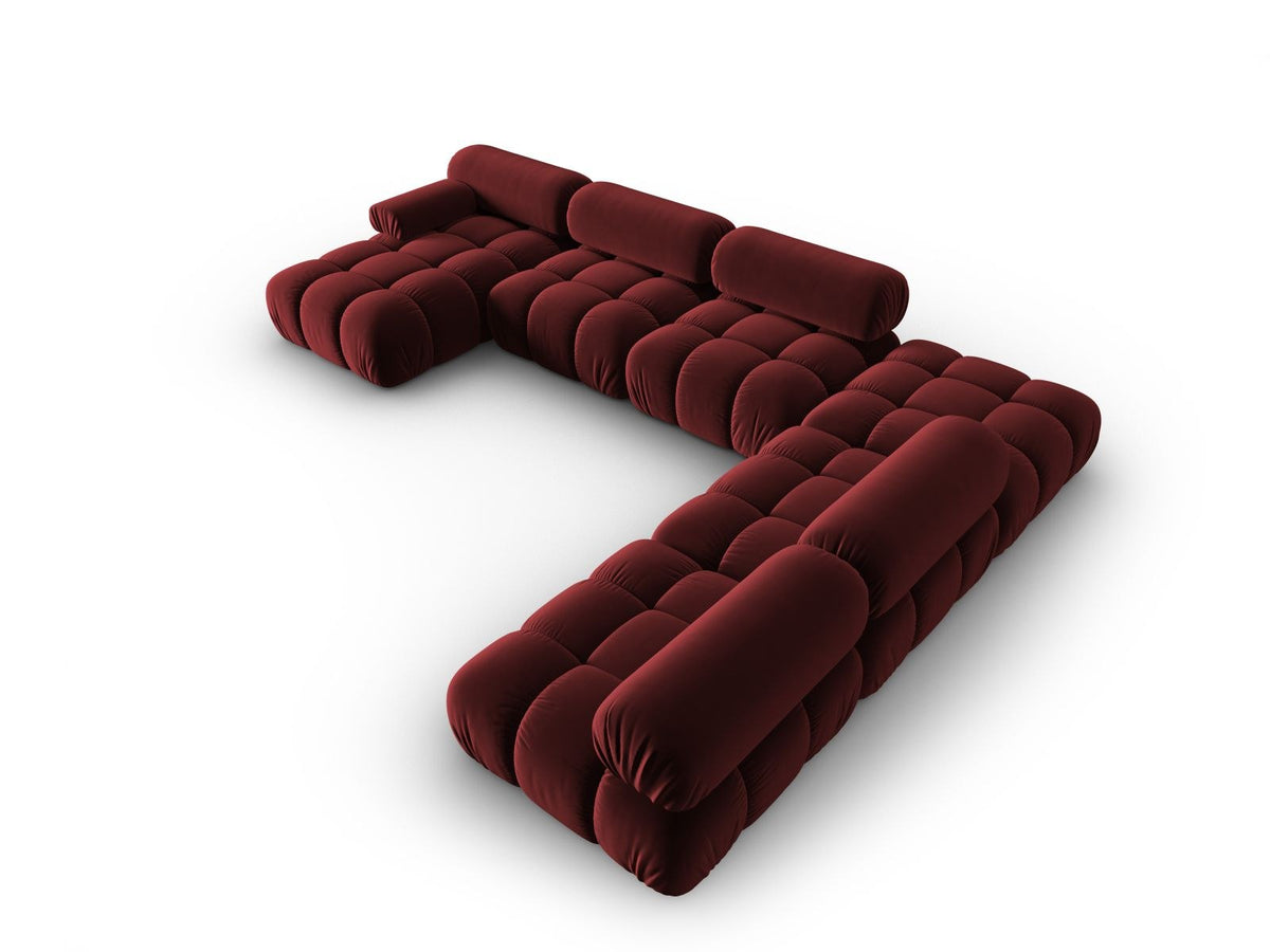 Modulares Ecksofa rechts Cortina in Pink-Bluvel Samtstoff mit Massivholzrahmen und schwarzen Kunststoffbeinen, 7-Sitzer Panorama-Design.