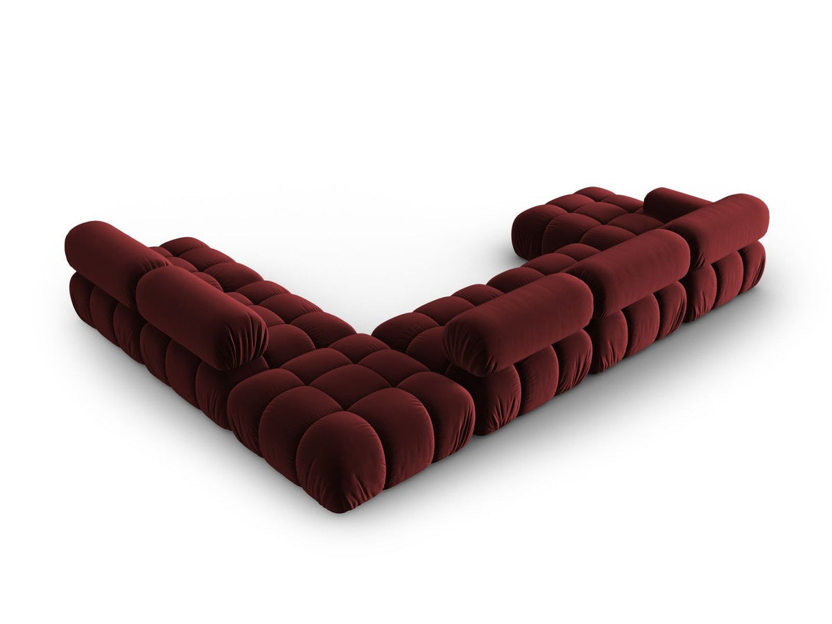 Modulares Ecksofa rechts Cortina in Pink-Bluvel Samtstoff mit Massivholzrahmen und schwarzen Kunststoffbeinen, 7-Sitzer Panorama-Design.