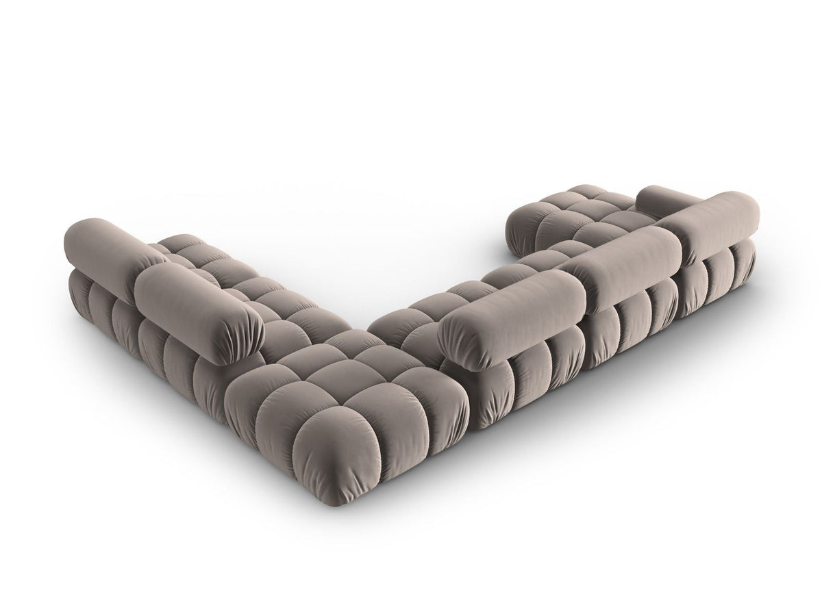 Modulares Ecksofa rechts Cortina in Pink-Bluvel Samtstoff mit Massivholzrahmen und schwarzen Kunststoffbeinen, 7-Sitzer Panorama-Design.