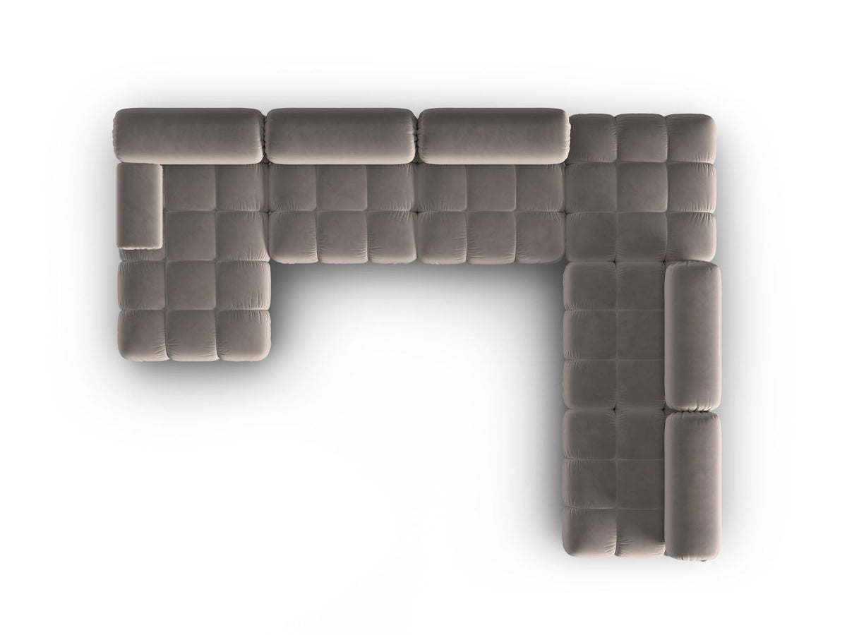 Modulares Ecksofa rechts Cortina in Pink-Bluvel Samtstoff mit Massivholzrahmen und schwarzen Kunststoffbeinen, 7-Sitzer Panorama-Design.