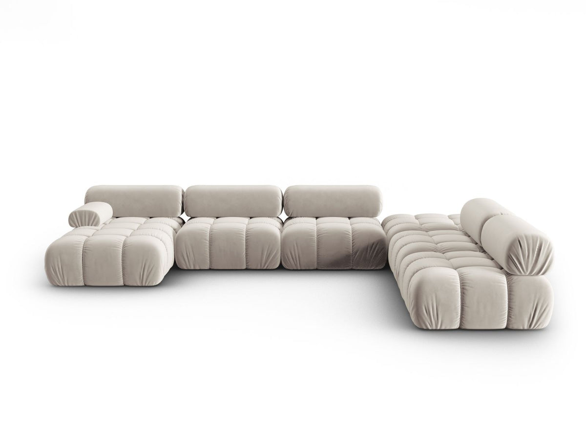 Modulares Ecksofa rechts Cortina in Pink-Bluvel Samtstoff mit Massivholzrahmen und schwarzen Kunststoffbeinen, 7-Sitzer Panorama-Design.
