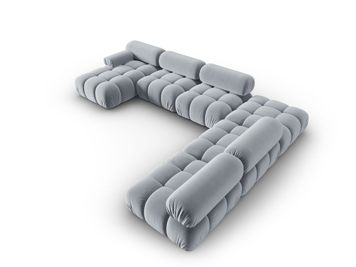 Modulares Ecksofa rechts Cortina in Pink-Bluvel Samtstoff mit Massivholzrahmen und schwarzen Kunststoffbeinen, 7-Sitzer Panorama-Design.