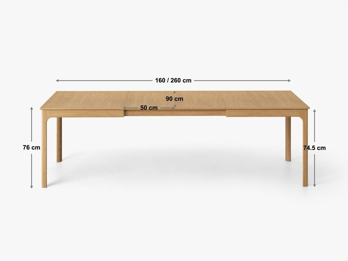 Ausziehbarer Esstisch Dinan mit Tischplatte aus Eichenfurnier und Beinen aus Eichenholz, Farbton Natural Oak Veneer-Wood, rechteckige Form.