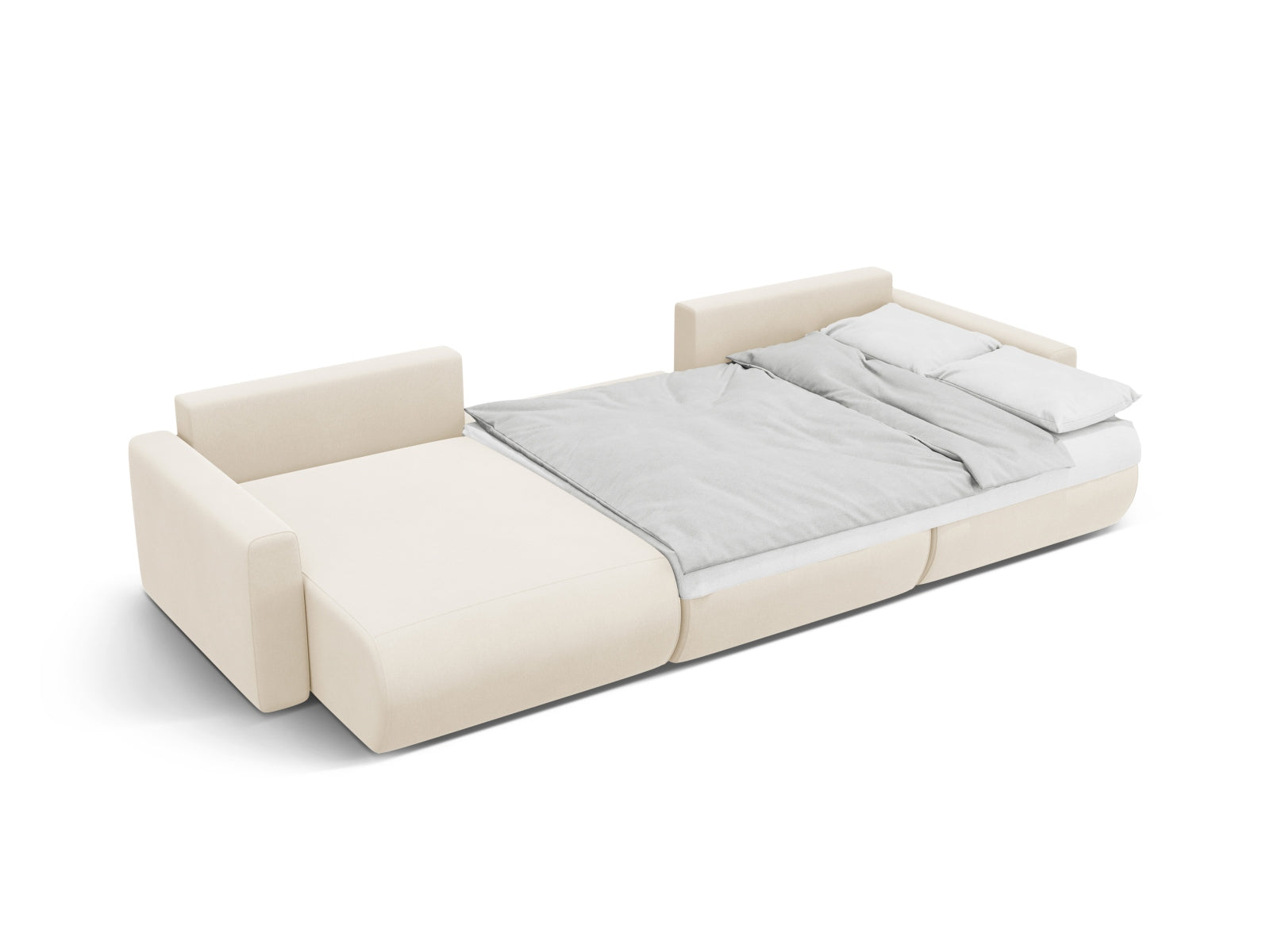 Elegantes 4-Sitzer Belfast Velour Panoramic Sofa in Ivory, ideal für Wohnräume, bietet Stauraum und lässt sich leicht in ein Bett umwandeln.