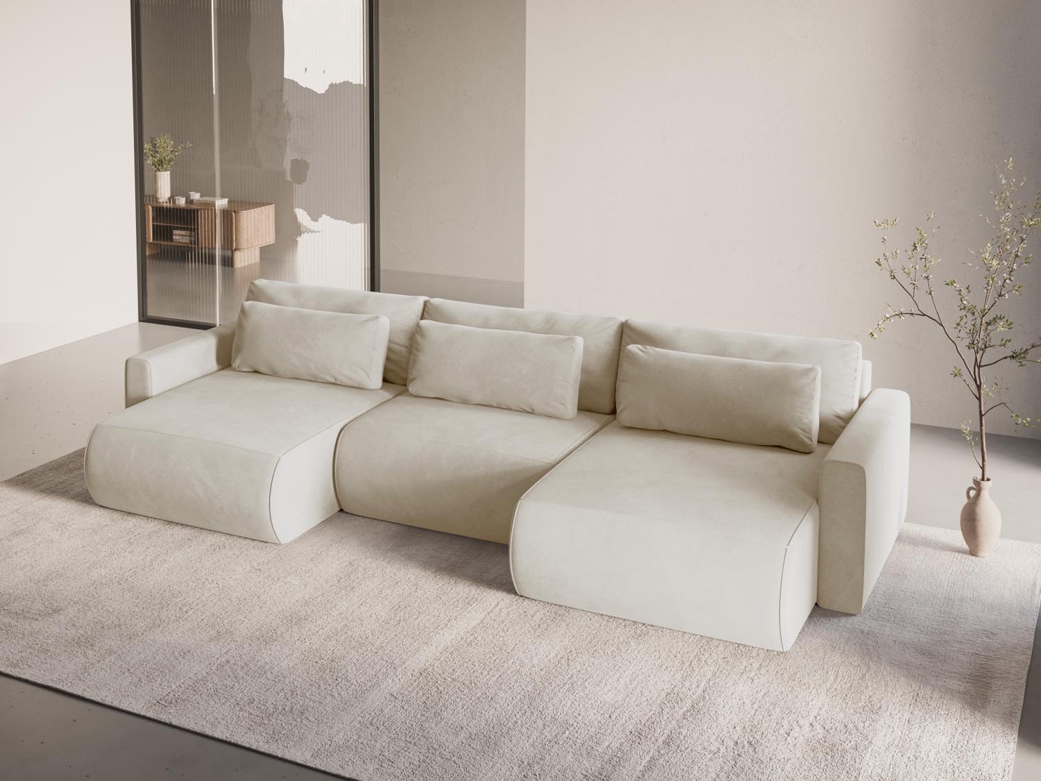 Elegantes Belfast Velour Panoramic Sofa in Ivory-Magic Velvet, 4-Sitzer mit Stauraum und Schlaffunktion, ideal für stilvolle Wohnräume.