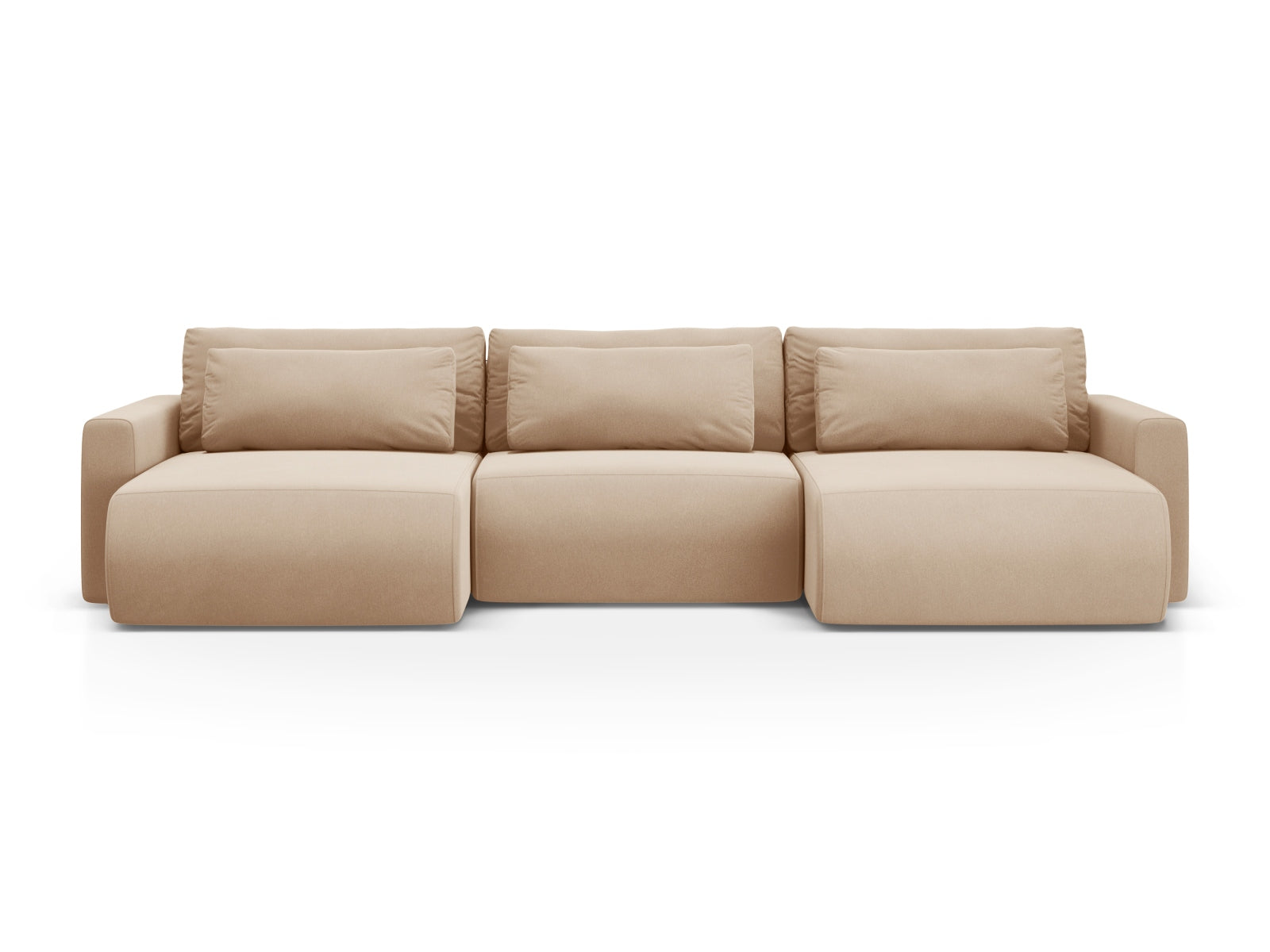 Belfast Velour Panoramic Sofa with Box and Sleeping Function 4 Sitzer in Almond Beige präsentiert im Onlineshop von KAQTU Design AG. 5er Sofa ist von Cosmopolitan Design