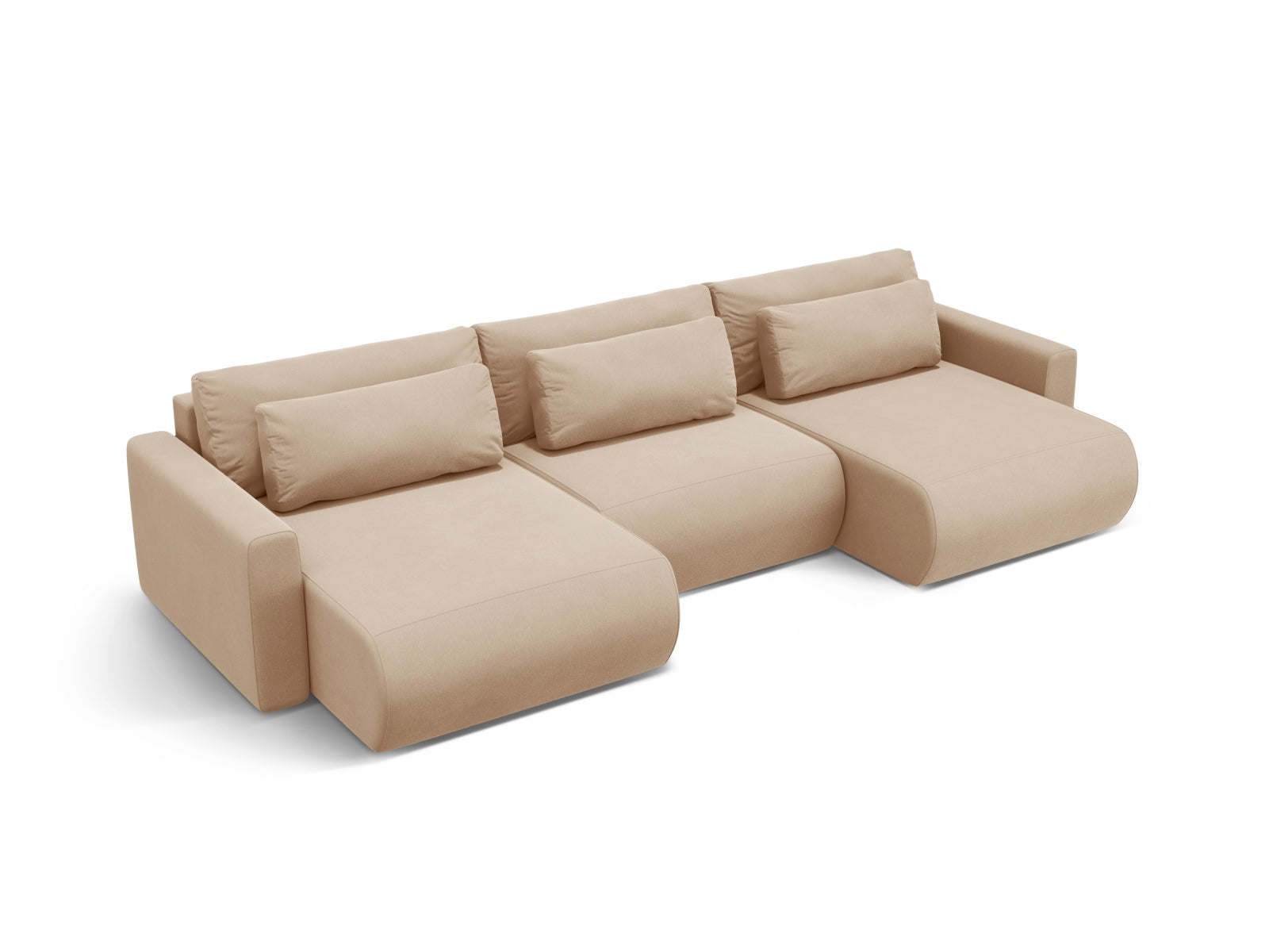 Elegantes Belfast Velour Panoramic Sofa in stilvollem Beige, ideal für Wohnräume, mit cleverem Stauraum und umwandelbarer Schlaffunktion.