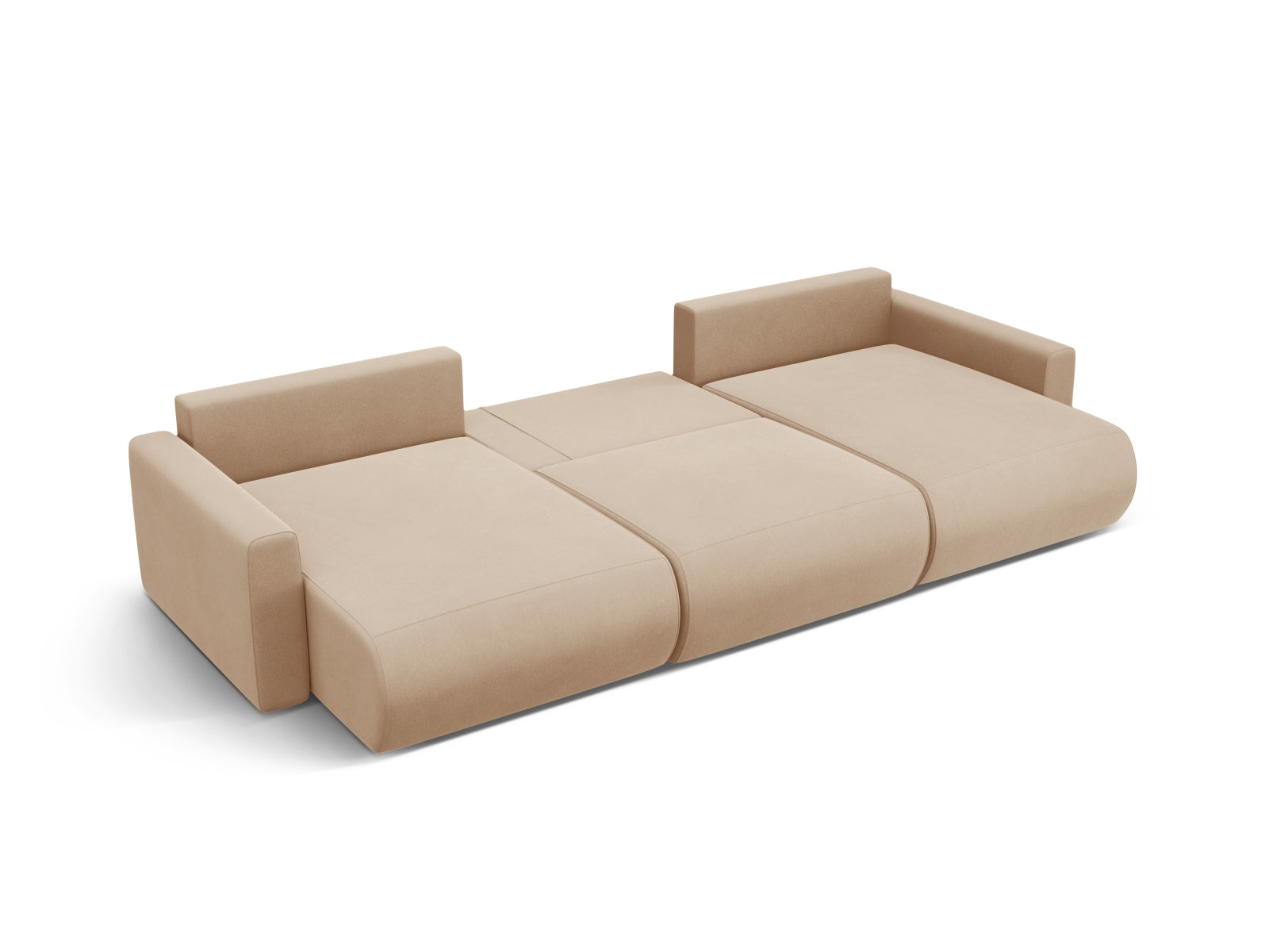 Beige Belfast Velour Panoramic Sofa für 4 Personen, kombiniert modernes Design mit praktischen Stauraum und Schlaffunktion.
