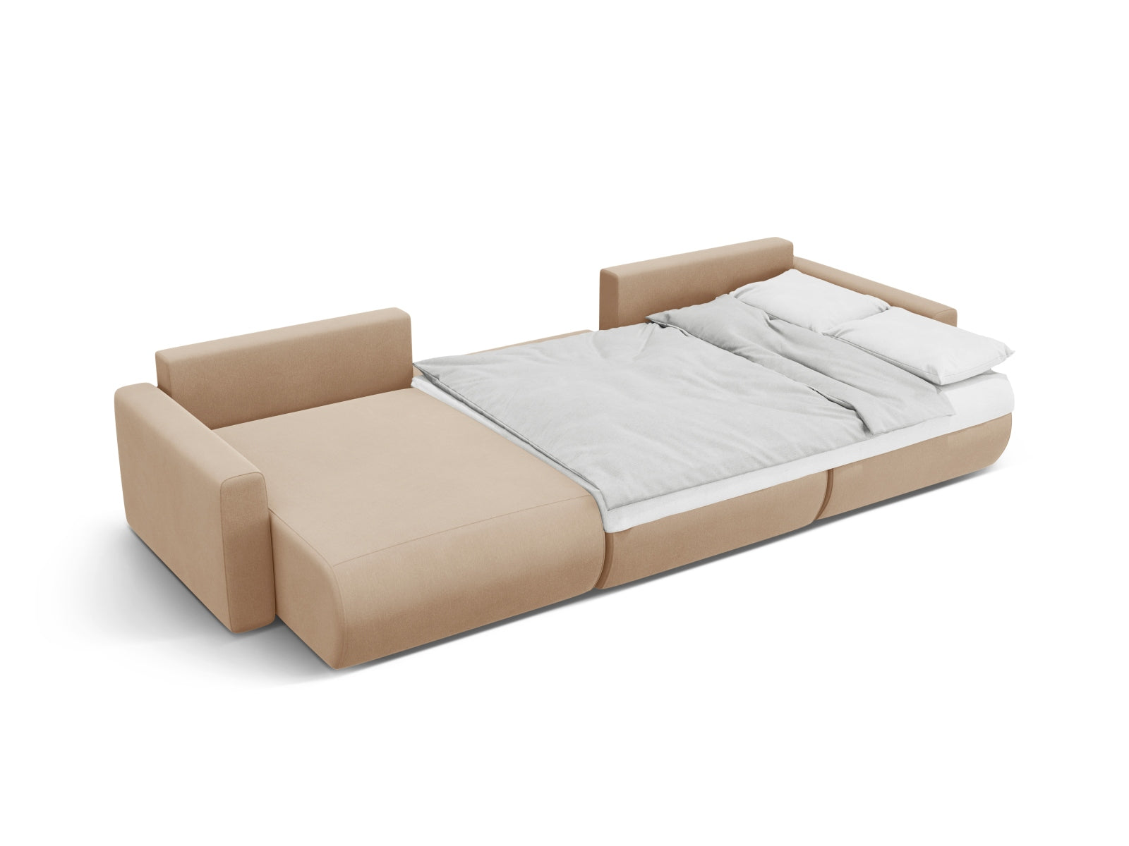 Elegantes Belfast Velour Panoramic Sofa in Beige, ideal für 4 Personen, bietet stilvollen Komfort, Stauraum und eine praktische Schlaffunktion.