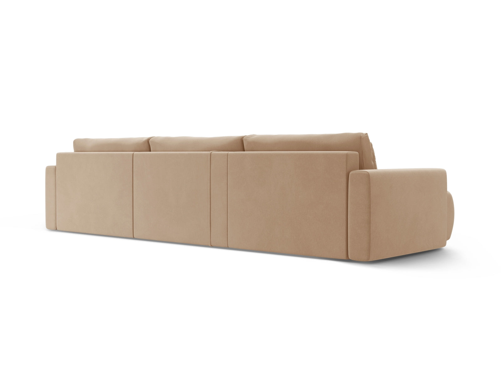Beige Belfast Velour Panoramic Sofa für 4 Personen, kombiniert modernes Design mit Stauraum und einer komfortablen Schlaffunktion.