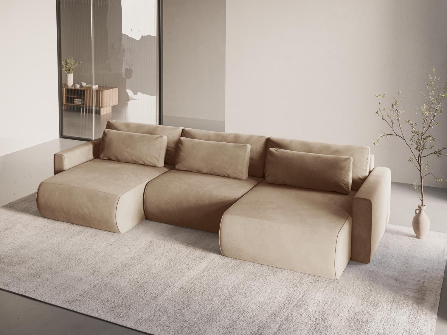 Entdecken Sie das stilvolle Belfast Velour Panoramic Sofa von Cosmopolitan Design – ein 4-Sitzer mit Schlafoption und praktischem Stauraum für Ihr Zuhause.