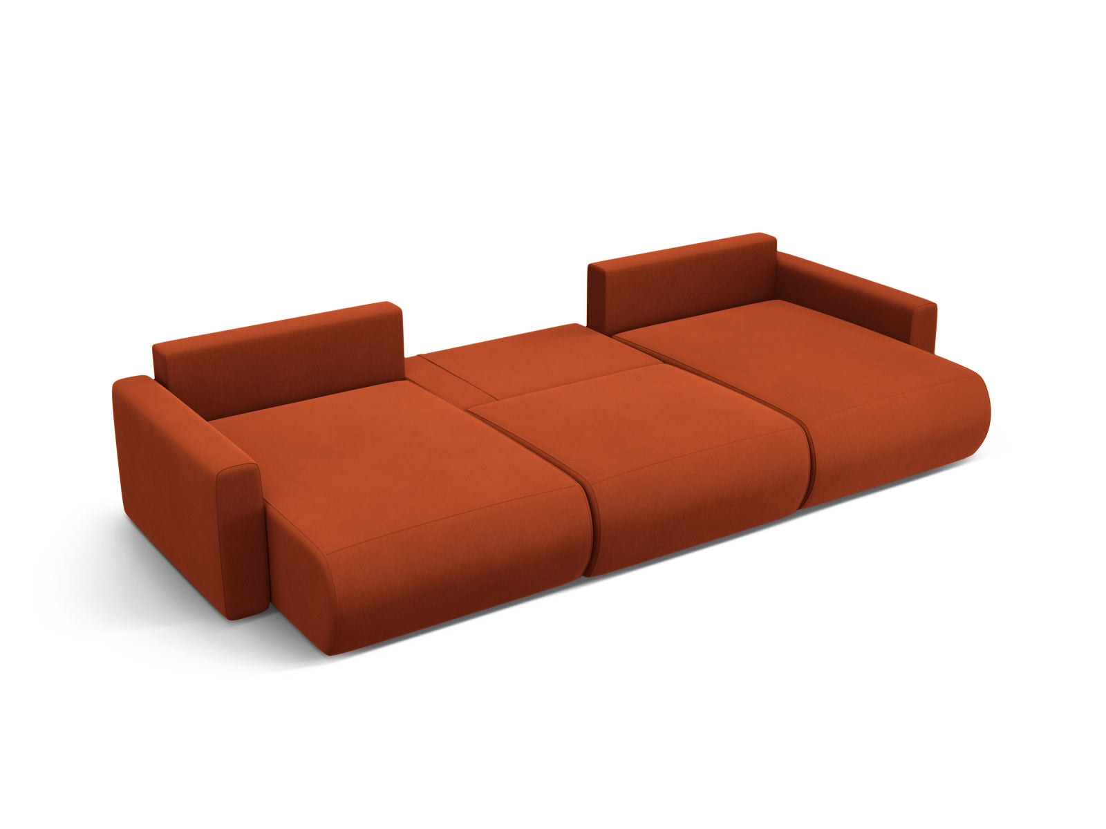 Stylisches Belfast Velour Panoramic Sofa in warmem Auburn, 4-Sitzer mit praktischem Stauraum und flexibler Schlaffunktion für gemütliche Abende.