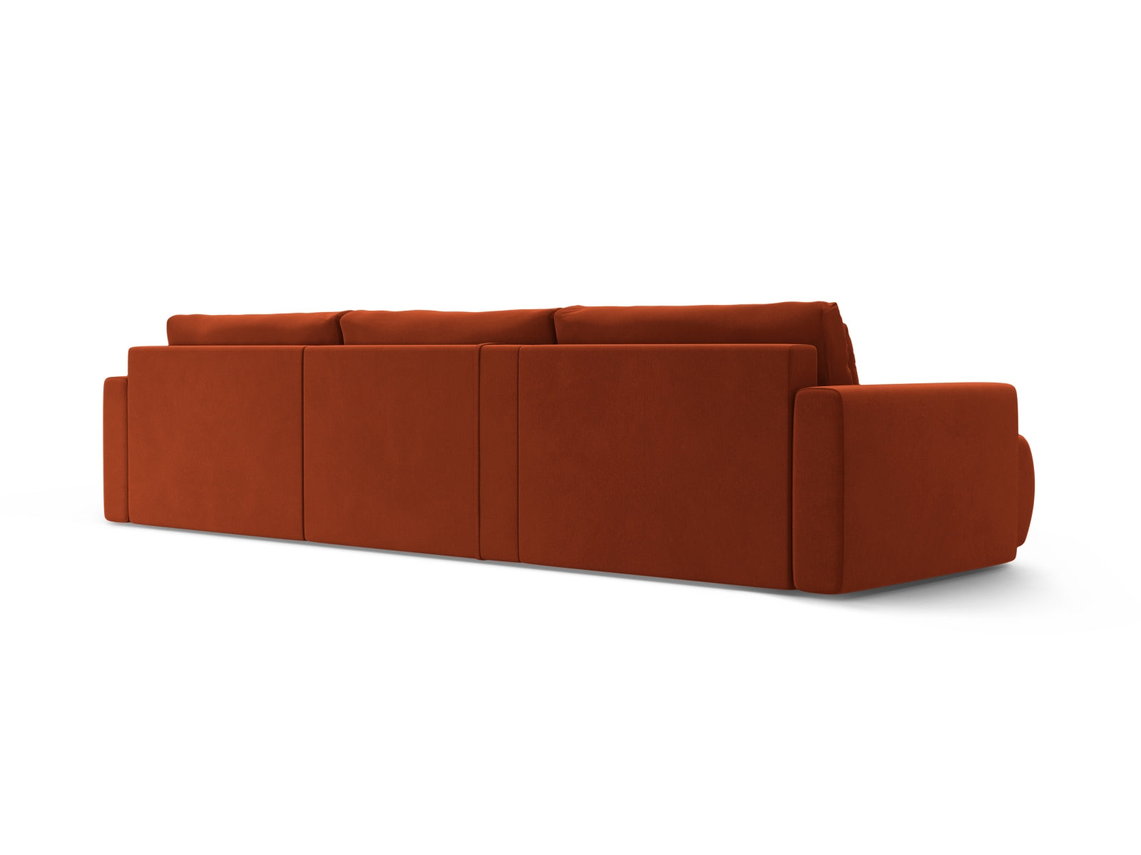 Stylisches Belfast Velour Panoramic Sofa in warmem Auburn, 4-Sitzer mit praktischem Stauraum und flexibler Schlaffunktion für gemütliche Abende.