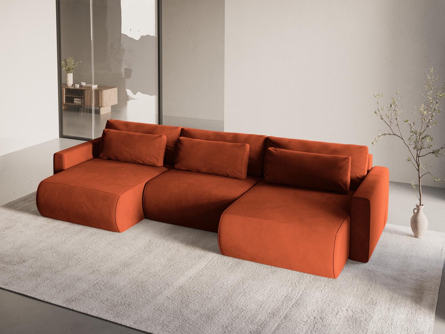 Elegantes Belfast Velour Panoramic Sofa in Auburn-Magic Velvet, 4-Sitzer mit Stauraum und Schlaffunktion, ideal für modernes Wohnen.