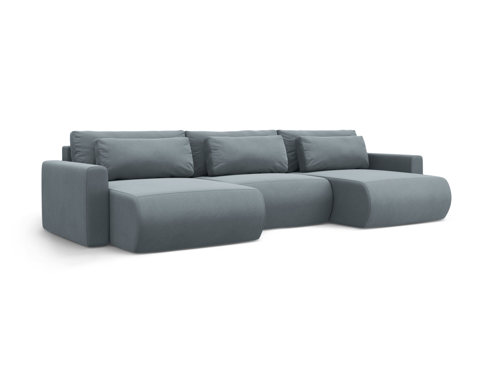 Modernes Belfast Velour Panoramic Sofa in edlem Blau-Grau, 4-Sitzer mit cleverem Stauraum und komfortabler Schlaffunktion für vielseitige Nutzung.