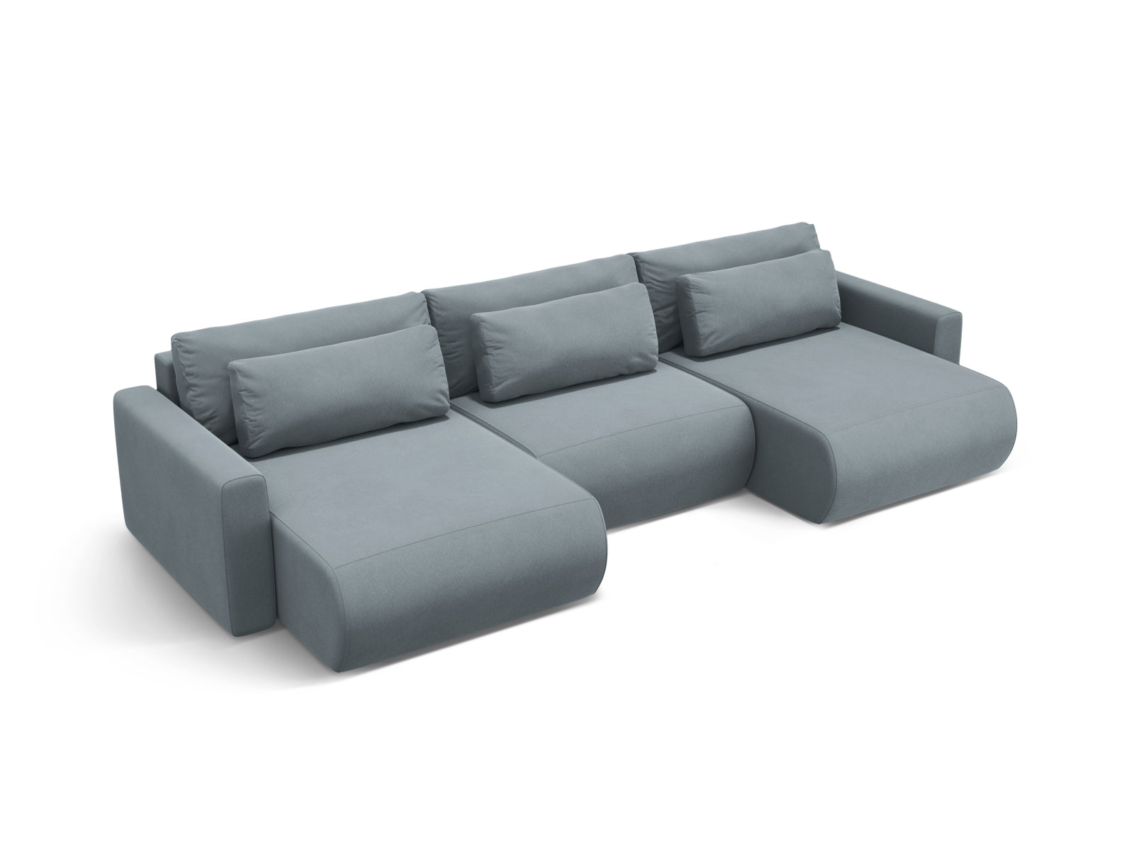 Elegantes Belfast Velour Panoramic Sofa in stilvollem Blau-Grau, 4-Sitzer mit praktischem Stauraum und umwandelbarer Schlaffunktion.