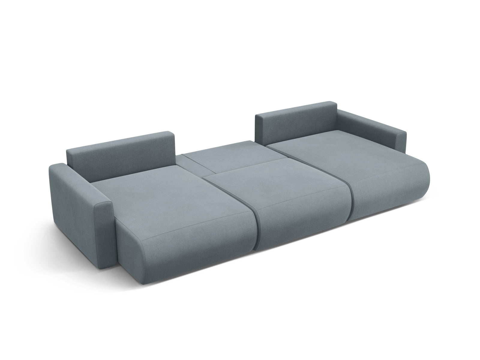 Modernes Belfast Velour Panoramic Sofa in edlem Blau-Grau, 4-Sitzer mit cleverem Stauraum und flexibler Schlaffunktion für jeden Raum.