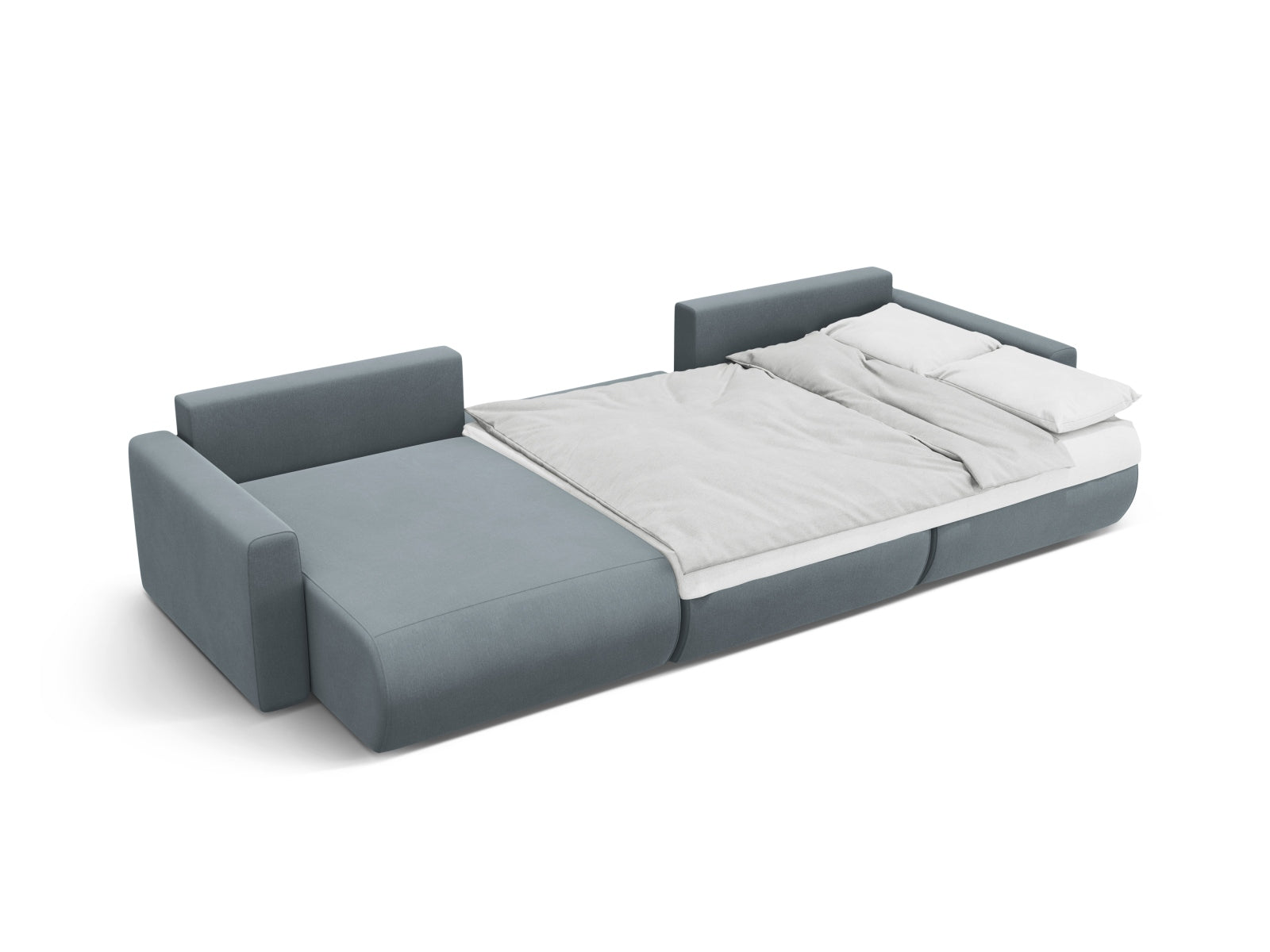 Elegantes Belfast Velour Panoramic Sofa in stilvollem Blau-Grau, 4-Sitzer mit praktischem Stauraum und umwandelbarer Schlaffunktion.